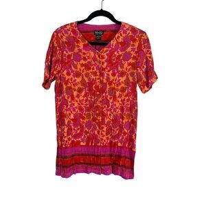 NY Co Top Women S Pink Button Down Crinkle Floral Gauze Striped Tunic Tropical